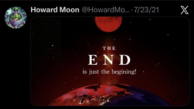 A tweet from Howard Moon (@HowardMo...) dated 7/23/21 displays a dark, ominous graphic featuring a red blood moon above Earth with the text "THE END is just the beginning!" The apocalyptic imagery aligns with the post's message about the "Blood Moon" rising and $XRP, framing the celestial event as a prophetic or transformative moment.