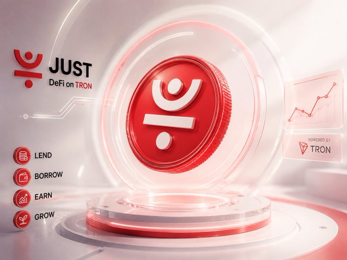 A promotional graphic for 'JUST DeFi on TRON' featuring a red coin-like logo, with options to 'LEND', 'BORROW', 'EARN', and 'GROW', and text indicating it is 'POWERED BY TRON'.