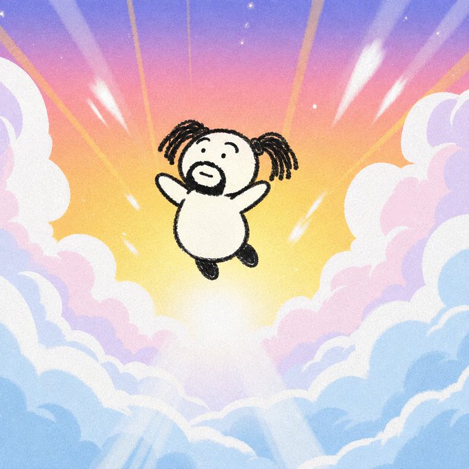 A cartoon figure with pigtails floats joyfully among pastel clouds against a colorful gradient sky with sun rays beaming outward.