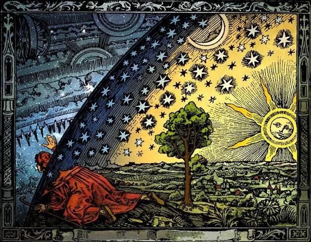 This appears to be the famous Flammarion engraving, depicting a kneeling figure in red robes piercing through the edge of a starry firmament to glimpse the celestial mechanisms beyond. Caption: "A pilgrim pierces the veil of the known cosmos to glimpse the radiant, sun-filled realm hidden behind the sky—fitting imagery for a final act before crossing into a higher plane of existence."