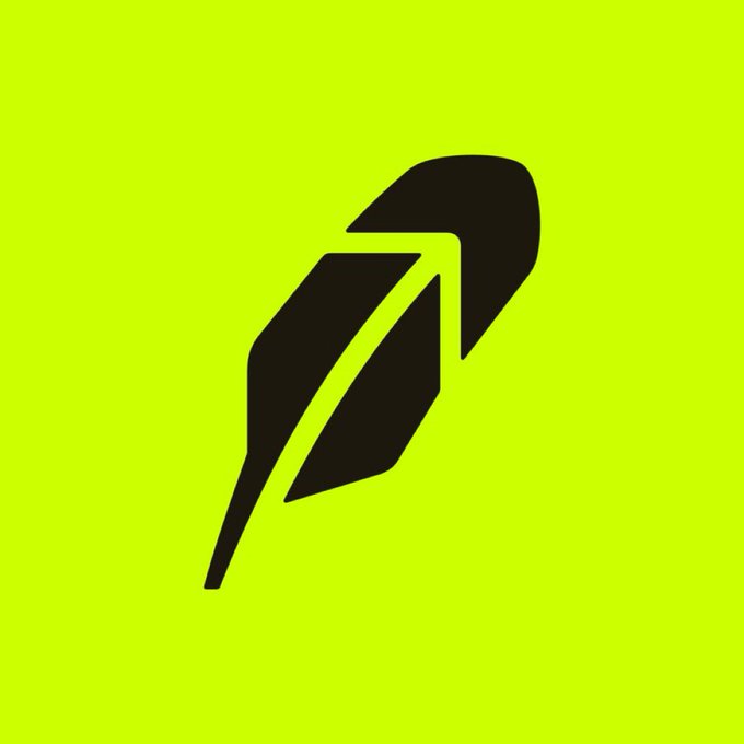 A black feather logo on a bright yellow-green background is displayed, representing Robinhood, the popular stock trading platform. The image relates to the post by visually branding the user's enthusiastic claim of being the platform's top promoter while assuring others that they are still early to investing with Robinhood.