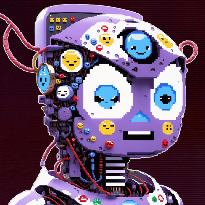 A pixel art illustration of a purple robotic head adorned with various emoji-like faces and exposed wiring/cables. The image pairs with the post's apologetic message about being busy in real life, using the melancholic (；￣Д￣) and apologetic (・_・;)ゞ kaomoji expressions to convey the creator's regret over delayed replies to DMs.