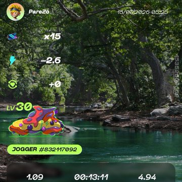 A screenshot of the STEPNGO fitness app showing user Pare26 with level 30, wearing colorful sneakers, jogging by a river with stats displaying 15 tickets (+15), -2.6, and +0, illustrating the post's point that stepping more frequently in the morning yielded 15 tickets at 47.7P each, more efficiently than the previous night's 24 tickets at 70.8P each.