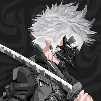 An anime-style portrait of a white-haired character wearing a dark mechanical half-mask and black clothing, holding a katana against a dark swirling background.