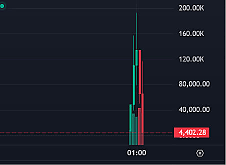 A candlestick chart shows a meme token's market cap plummeting from nearly $200,000 to $4,402.28 within a single second at 01:00, illustrating the brutal volatility described in the post. The dramatic red candle visualizes the near-instant collapse the user witnessed firsthand.