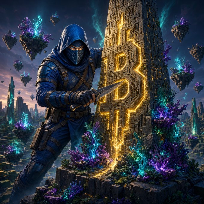 A hooded, masked figure carves glowing golden symbols into a towering, circuit-etched monolith amid floating islands of neon-lit crystalline flora—mirroring the image's theme of carving a recursive inscription on Bitcoin while ownership traits orbit it on another chain, much as the figure is anchored to one stone yet surrounded by layered, luminous worlds.