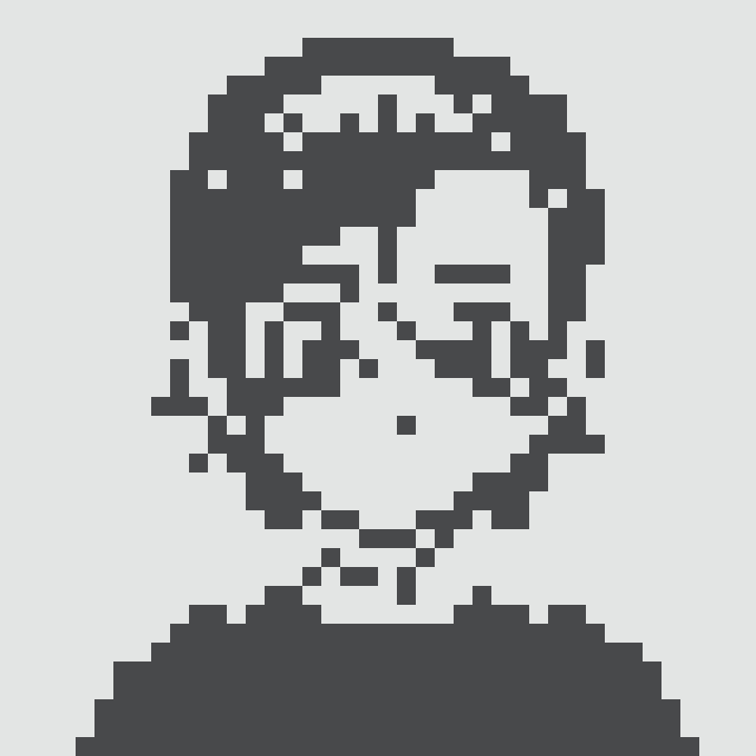 A pixelated black-and-white portrait of a person with shoulder-length hair, appearing to wear headphones.