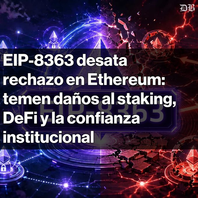 A Spanish-language graphic with a dark red and blue cosmic background showing broken glass effects, displaying the headline 'EIP-8363 desata rechazo en Ethereum: temen daños al staking, DeFi y la confianza institucional.'