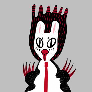 This image depicts a stylized, cartoonish character with red and black spiky hair, a white face with black eyes and red lips, and a red tie, representing the sold-out "RobinBoredTown GTD 20 Spot" giveaway.