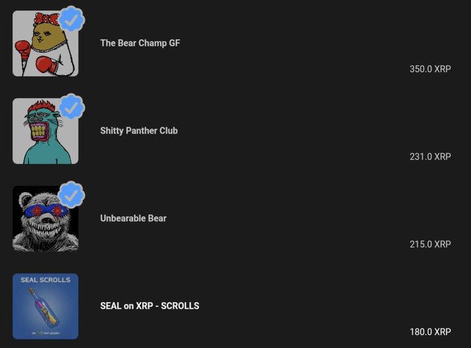 A screenshot showing a list of verified NFT collections on the XRP Ledger, including The Bear Champ GF (350.0 XRP), Shitty Panther Club (231.0 XRP), Unbearable Bear (215.0 XRP), and SEAL on XRP - SCROLLS (180.0 XRP).