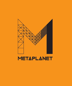 The image shows the Metaplanet logo—a stylized "M" composed of geometric triangles in black and white—against a solid orange background, with the company name "METAPLANET" displayed below in bold black text. The logo represents the Japanese investment firm that has launched Superplanet, a new U.S. Bitcoin treasury company holding 2,100 BTC.