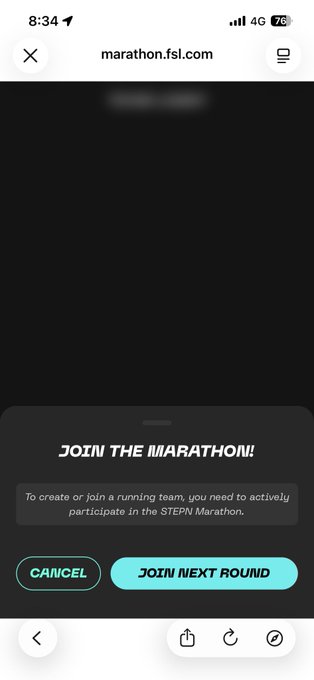 A mobile screenshot from marathon.fsl.com displaying a 'JOIN THE MARATHON!' prompt with 'CANCEL' and 'JOIN NEXT ROUND' buttons.