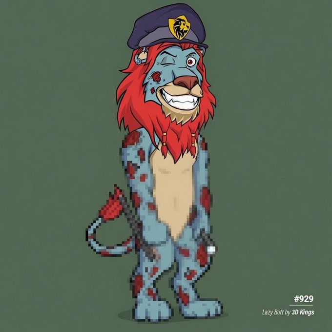 A pixel-art anthropomorphic lion with a vibrant red mane, blue body marked with red splotches, and a winking expression wears a purple beret, matching the "#929 Lazy Butt by 3D Kings" NFT from the Lazy Lions collection referenced in the post as "$LAZY @LazyLionsNFT."
