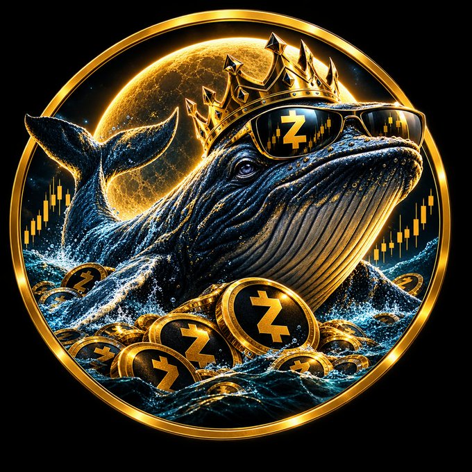 A digital artwork featuring a whale wearing a golden crown and sunglasses, emerging from waves filled with Zcash (ZEC) cryptocurrency coins against a moonlit background.