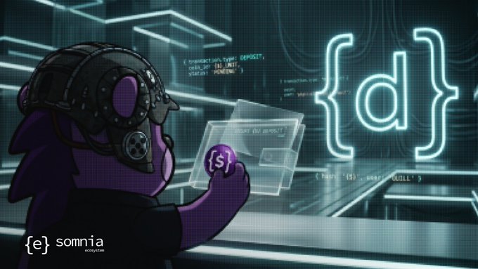 A purple anthropomorphic character wearing a futuristic headset reaches toward a floating holographic interface displaying "{s}" tokens, with a large glowing "{d}" symbol on the right and faint code visible in the background, while the bottom left reads "{e}: somnia ecosystem"—visually representing a digital, tech-forward Somnia ecosystem environment that complements the post's announcement of USDso trading pairs on Somnia's Dream DEX and its yield allocation framework.