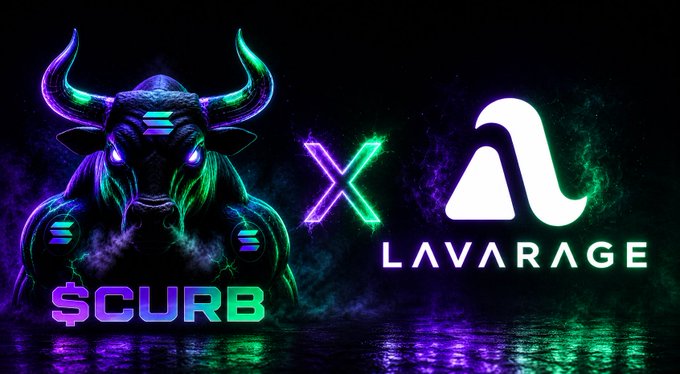 A stylized neon bull graphic representing $CURB is shown alongside the LavaRage logo with a glowing "X" between them, promoting a partnership or integration between the two Solana-based DeFi projects.