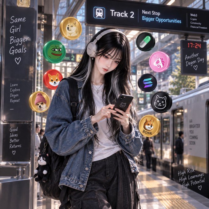An illustrated anime-style girl with headphones uses her phone on a train platform surrounded by crypto tokens (BONK, Shiba Inu, Pepe, etc.), with signs reading 'Track 2 - Bigger Opportunities' and 'Same Girl Bigger Goals'.