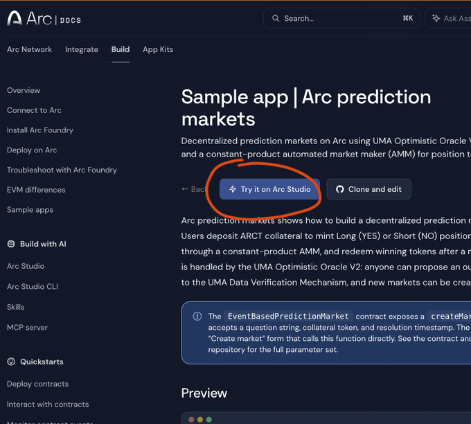 A screenshot of an 'Arc | Docs' webpage titled 'Sample app | Arc prediction markets,' featuring a circled 'Try it on Arc Studio' button highlighted with an orange circle.