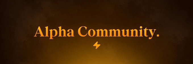 A banner displaying the text 'Alpha Community.' in golden serif font on a dark textured background, accompanied by a lightning bolt symbol.