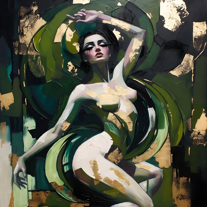 The image features a painting of a woman with her arms raised high above her head, wearing a green dress that has gold accents. The background of the painting is dark green, which contrasts with the lighter green of the woman's dress. The painting appears to be done in an impressionistic style, as evidenced by the loose brushstrokes and the use of color over detail. The post also mentions that this artwork was created by @saucebook A, who has posted a link to it on their social media account.