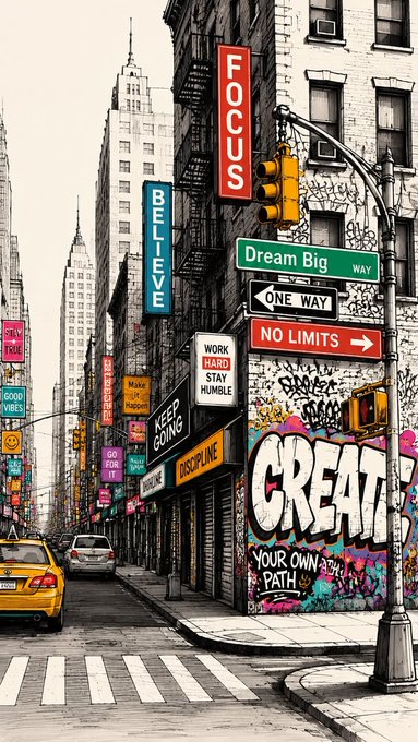 An illustrated street scene shows vibrant signs reading 'FOCUS', 'BELIEVE', 'Dream Big', 'NO LIMITS', 'KEEP GOING', and 'CREATE YOUR OWN PATH' amid urban graffiti and a yellow taxi.