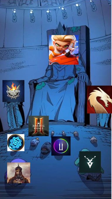 The image features a cartoon-style layout, with various game logos displayed throughout the scene. The main focus appears to be a person sitting on a throne surrounded by these game logos. The post suggests that there are multiple games available for ranking or discussing, as indicated by the presence of several game logos in different positions within the image.