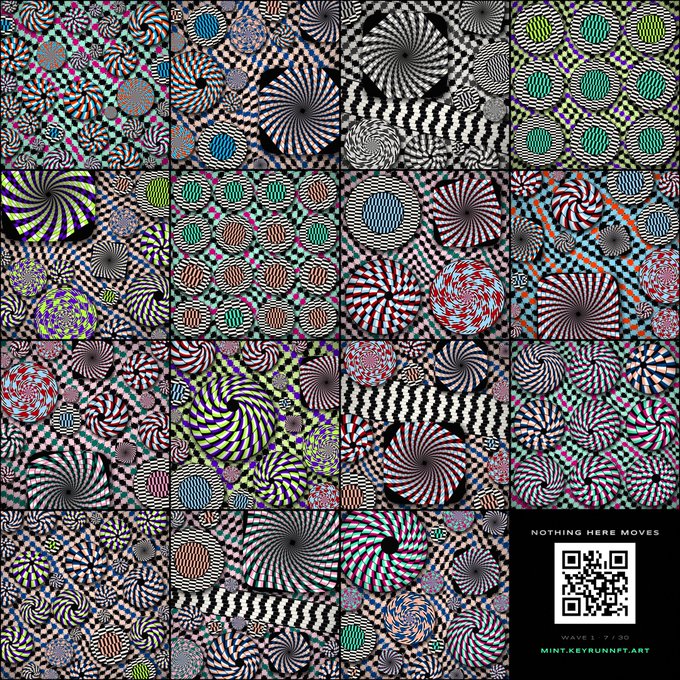 A psychedelic, kaleidoscopic grid of swirling spiral patterns in black, white, pink, green, and purple with the text 'NOTHING HERE MOVES', a QR code, 'MINT.KEYRUNNFT.ART', and 'MINT 5/5/20'.