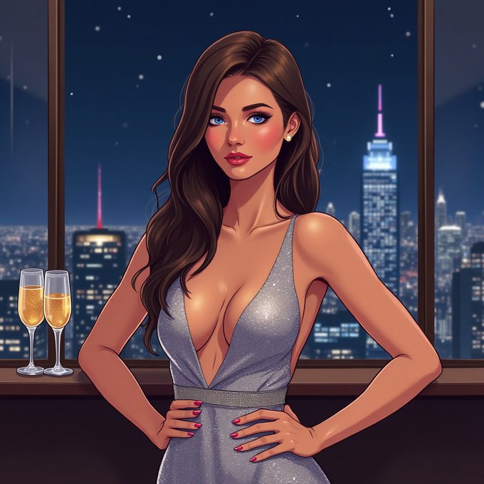 A stylized illustration depicts a glamorous woman in a silver evening dress posing before a nighttime city skyline, with two champagne flutes nearby.