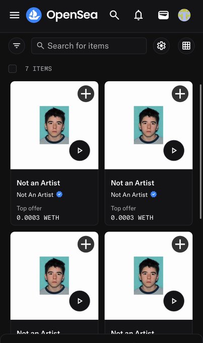 An OpenSea NFT marketplace screenshot displaying seven NFT items titled 'Not an Artist' with a verified checkmark, showing top offers of 0.0003 WETH.