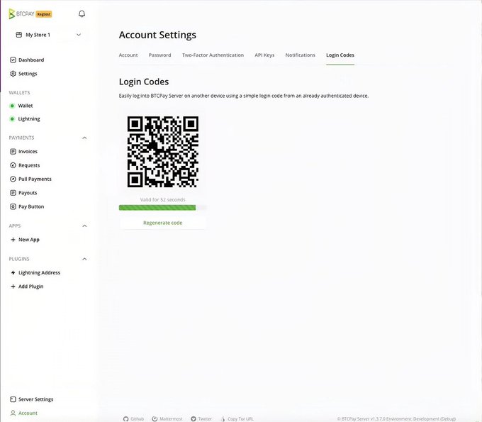 BTCPay Server Account Settings page showing a QR code login code that is valid for 52 seconds, with options to regenerate the code.