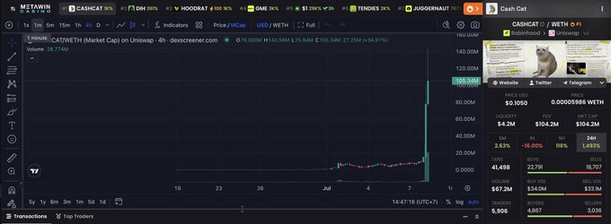 A cryptocurrency trading interface shows a massive price spike for $CASHCAT / WETH on Uniswap, with the price rocketing over 100% to $0.1050 and 2.63% gains on the day.