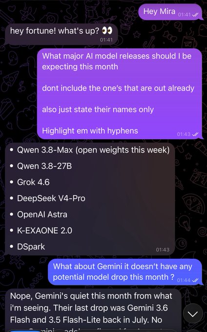 A Telegram chat conversation where a user named Mira asks 'fortune' about upcoming AI model releases; the bot responds with a list: Qwen 3.8-Max, Qwen 3.8-27B, Grok 4.6, DeepSeek V4-Pro, OpenAI Astra, K-EXAONE 2.0, and DSpark, then notes that Gemini has no planned model drop this month.