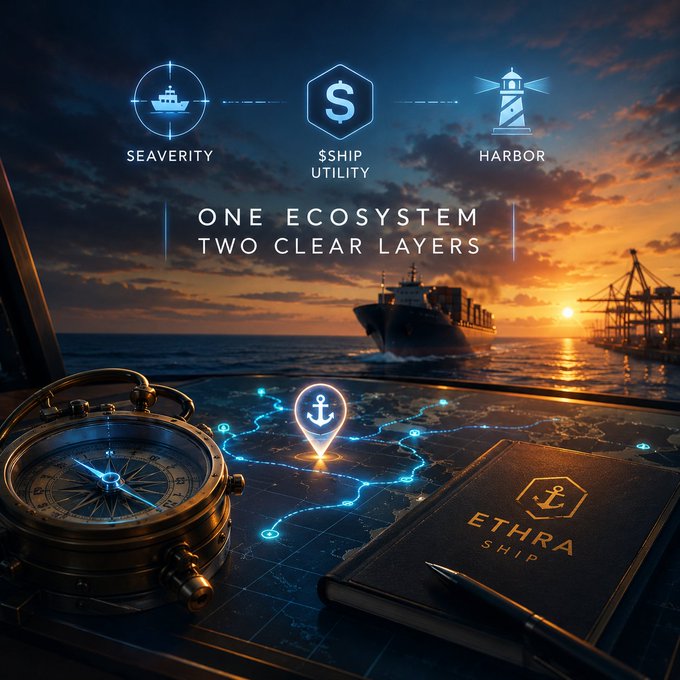 A promotional graphic with the text 'ONE ECOSYSTEM TWO CLEAR LAYERS' featuring icons for 'SEAVERITY', '$SHIP UTILITY', and 'HARBOR', along with nautical imagery and the 'ETHRA SHIP' logo.