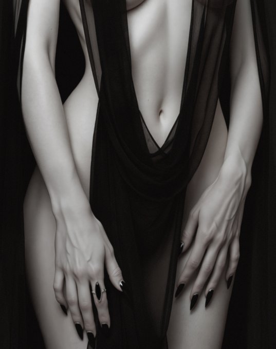 A black and white close-up photograph shows a person's midsection draped in sheer black fabric, with hands featuring long black-painted nails resting near their thighs.