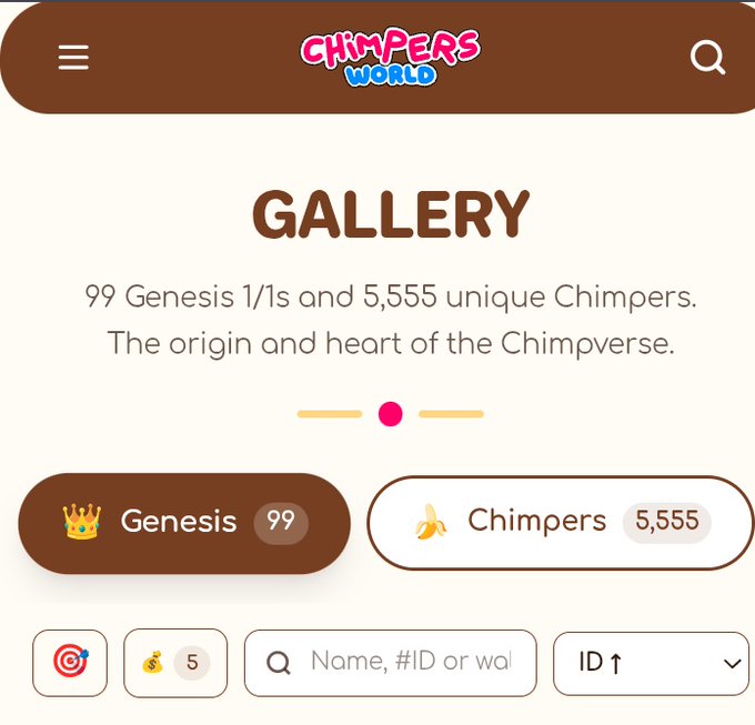 The image shows the "Gallery" page from Chimpers World featuring 99 Genesis 1/1s and 5,555 unique Chimpers, with navigation buttons to filter by Genesis or Chimpers collections and a search bar for finding specific items by name, ID, or wallet. This aligns with the post's discussion of exploring the Genesis gallery on the World Hub, highlighting that the 99 Genesis pieces illustrated by Timpers each carry unique character depth worth examining closely.