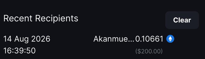 A screenshot showing a "Recent Recipients" list with a transaction dated 14 Aug 2026 at 16:39:50, displaying a payment of $200.00 sent to the username "Akanmue...0.10661," confirming the $200 giveaway win mentioned in the accompanying post congratulating @AkanmuEric.