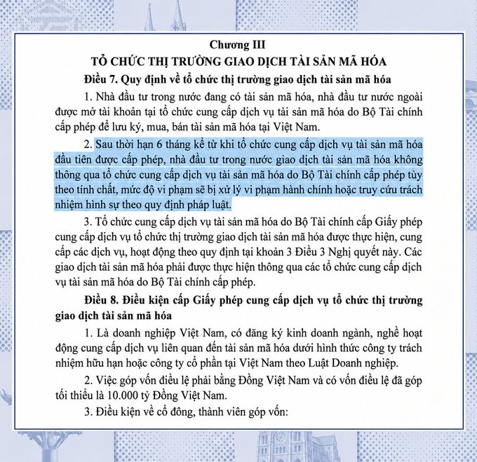A Vietnamese legal document titled 'Chương III' (Chapter III) about 'TỔ CHỨC THỊ TRƯỜNG GIAO DỊCH TÀI SẢN MÃ HÓA' (Organization of Crypto Asset Trading Market), with a highlighted paragraph in Article 7, Section 2 regarding the 6-month deadline for licensed crypto service providers to commence operations.