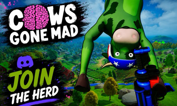A promotional banner for 'COWS GONE MAD' with the text 'JOIN THE HERD', featuring a green cow hanging upside down wearing an American flag mask against a rural landscape, with a Discord logo.