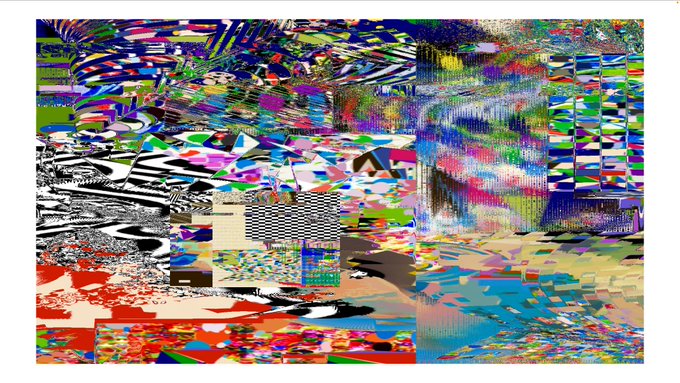 The image features a large, colorful abstract painting with various shapes and patterns that appear to be randomly placed together. The artwork has an unconventional style, resembling a mosaic or a digital art piece rather than a traditional painting. The colors used are predominantly red, black, white, green, blue, yellow, and purple, creating a visually striking and chaotic composition. The post also mentions the artist's name as "OE" and the number of days it took to create this artwork, which is 6 days.