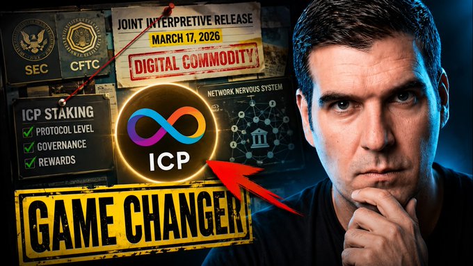 A video thumbnail features a man pointing at a glowing ICP (Internet Computer) logo, surrounded by graphics including the SEC and CFTC seals, text reading 'JOINT INTERPRETIVE RELEASE MARCH 17, 2026 DIGITAL COMMODITY,' 'ICP STAKING,' and a large 'GAME CHANGER' stamp.