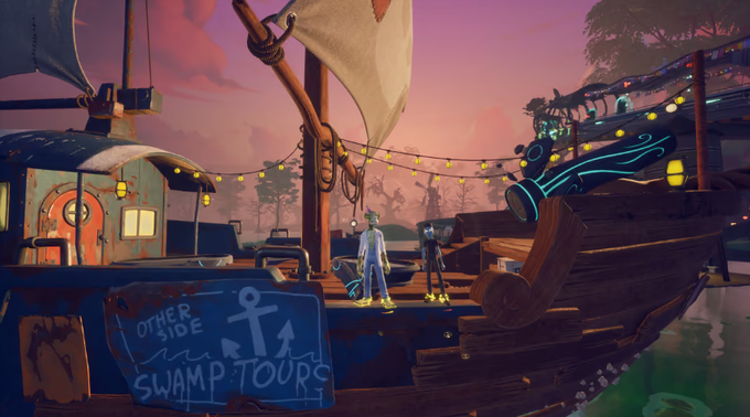 A stylized 3D animated scene showing a green-haired figure and a dark companion standing on a wooden dock with a 'OTHER SIDE SWAMP TOURS' sign, under string lights and a pink sunset sky.