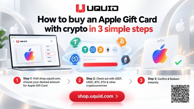 A UQUID promotional graphic explaining 'How to buy an Apple Gift Card with crypto in 3 simple steps' with the website shop.uquid.com displayed.