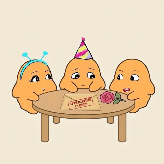 Three cartoon orange blob characters at a round table with an envelope marked 'APPLICATION CLOSED', a rose, and one wearing a party hat.
