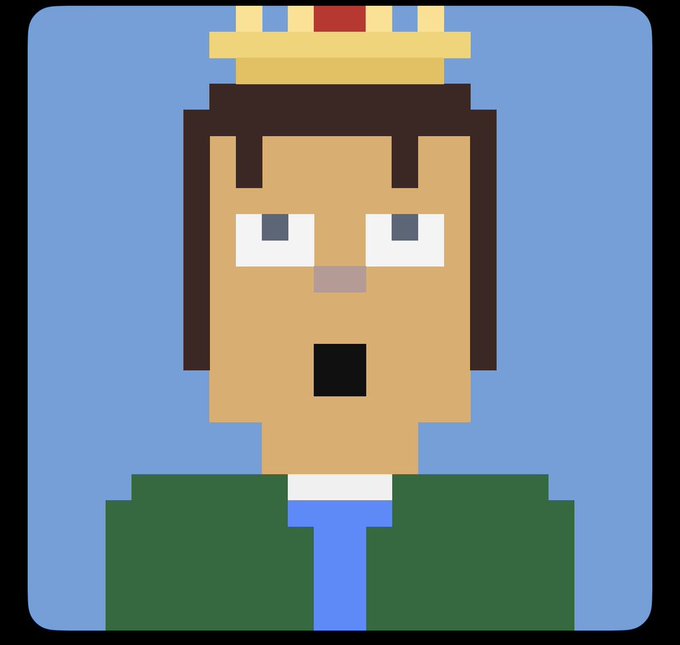 A pixel art portrait of a wide-eyed figure with a surprised expression wearing a gold crown with a red jewel.