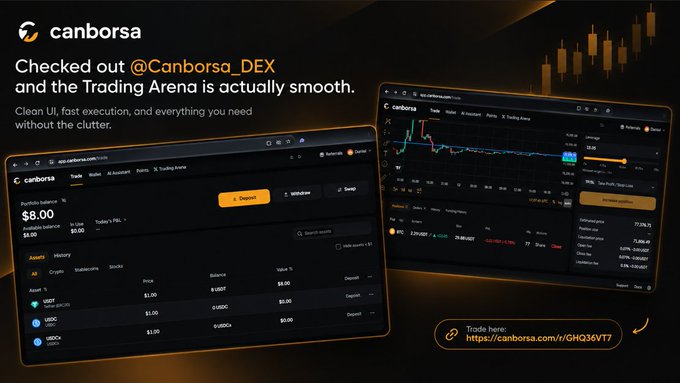 An advertisement for the canborsa decentralized exchange with the text 'Checked out @Canborsa_DEX and the Trading Arena is actually smooth.'
