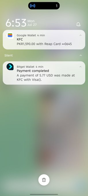 iPhone lock screen at 6:53 Mon Jul 27 showing two notifications: a Google Wallet charge of PKR1,590.00 at KFC, and a Bitget Wallet confirmation of a $5.77 USD payment at KFC using Visa.