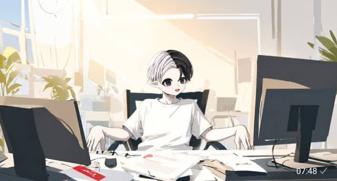 An anime-style illustration shows a young person with black and white hair wearing a white t-shirt, sitting at a cluttered desk with multiple computer monitors and papers, with a timestamp of 07:48 in the corner.