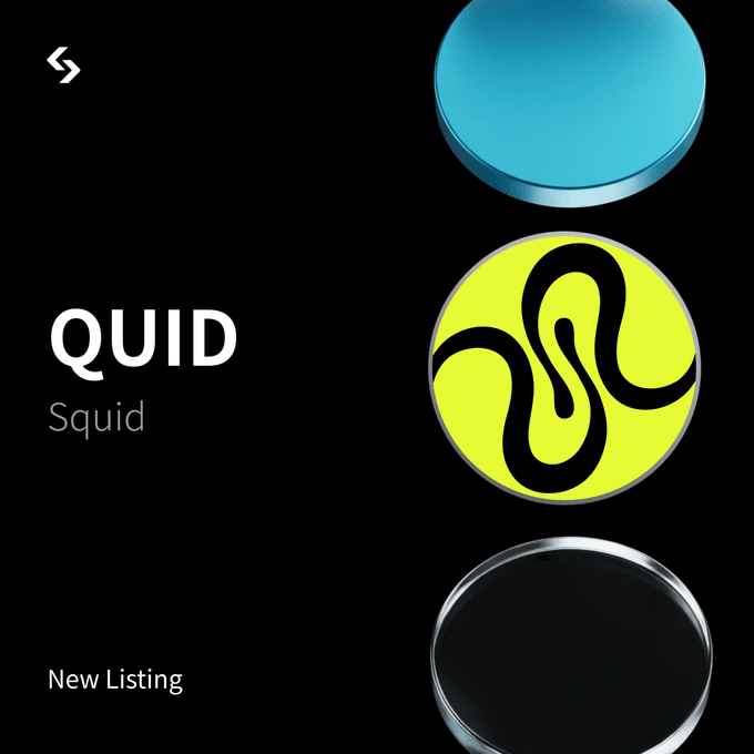 The image shows a promotional graphic for a new listing of the cryptocurrency $QUID (Squid), featuring a yellow circular token logo with a black squiggle design alongside blue and black circular icons on a dark background. The "New Listing" label and "QUID Squid" text align with the announcement of its initial listing on Bitget with a QUID/USDT trading pair starting August 4 at 13:00 UTC.