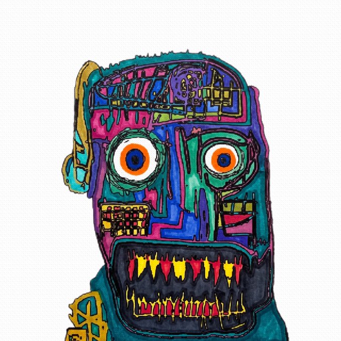 A colorful, psychedelic digital drawing of a robotic or mechanical head with large orange eyes, exposed teeth, and intricate, tangled internal circuitry in pink, blue, and green.