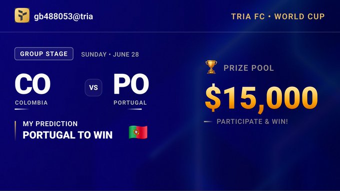 A Tria FC World Cup prediction card for the Colombia vs. Portugal group stage match on Sunday, June 28, showing the user gb488053@tria backing Portugal to win with a $15,000 prize pool up for grabs.